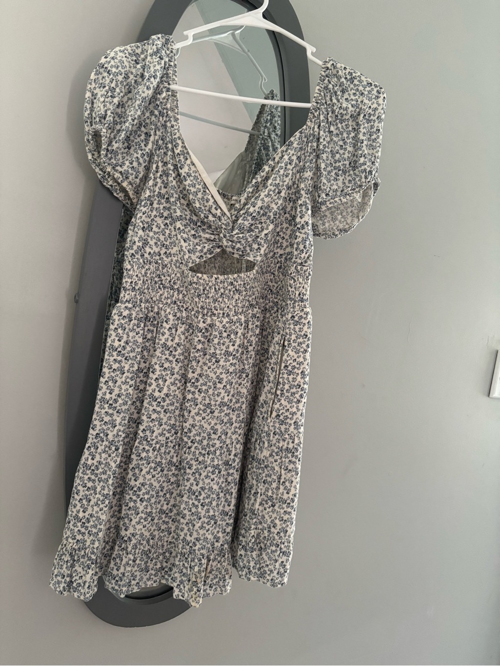 Floral Puff Sleeve Mini Dress - Blue White